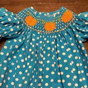 Smocked Auctions Blue/ White Polka Dots with Pumpkins Romper